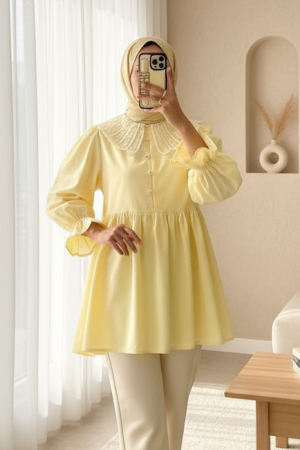 Kolu Lastikli Organze Bebe Yaka Yarım Düğmeli Tunik -Sarı