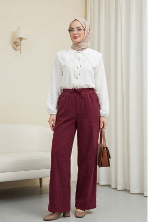 Beli Lastikli Bağcık Detaylı Cepli Bol Paça Tensel Pantolon -Bordo