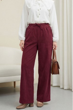 Beli Lastikli Bağcık Detaylı Cepli Bol Paça Tensel Pantolon -Bordo