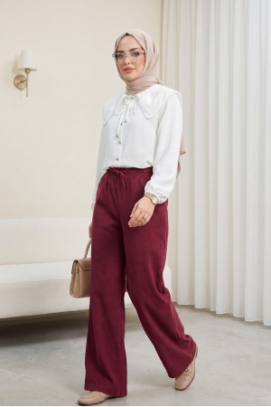 Beli Lastikli Bağcık Detaylı Cepli Bol Paça Tensel Pantolon -Bordo