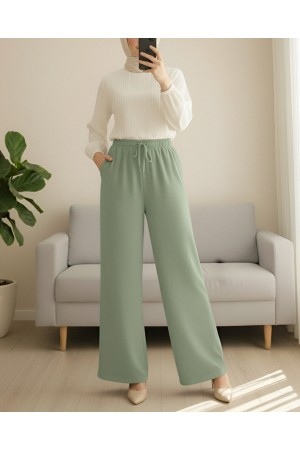 Beli Lastikli Bağcık Detaylı Cepli Bol Paça Tensel Pantolon -Çağla Y.