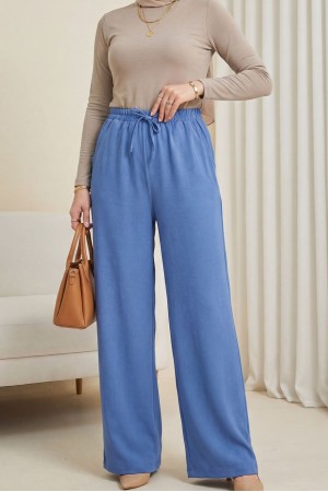 Beli Lastikli Bağcık Detaylı Cepli Bol Paça Tensel Pantolon -İndigo