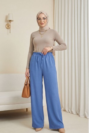 Beli Lastikli Bağcık Detaylı Cepli Bol Paça Tensel Pantolon -İndigo