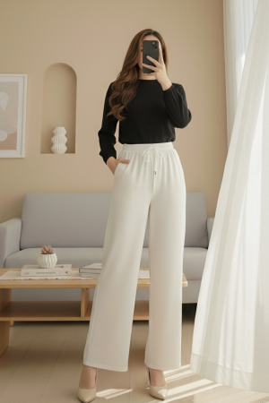 Beli Lastikli Bağcık Detaylı Cepli Bol Paça Tensel Pantolon -Taş