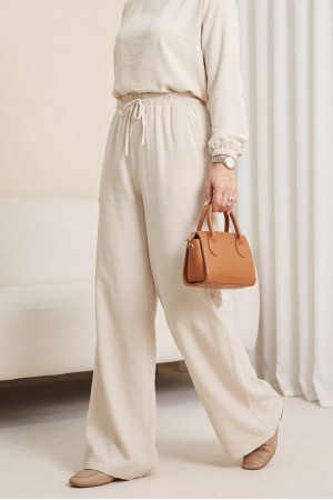 Beli Lastikli Bağcık Detaylı Cepli Bol Paça Tensel Pantolon -Taş