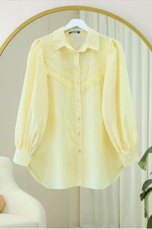 Güpür Püsküllü Ham Keten Balon Kol Gömlek     -Açık Sarı