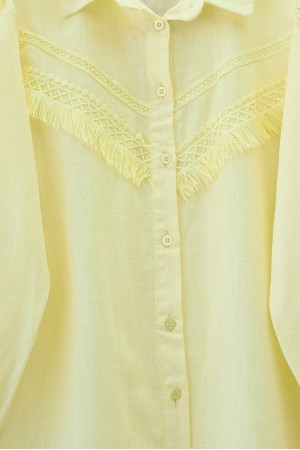 Güpür Püsküllü Ham Keten Balon Kol Gömlek     -Açık Sarı