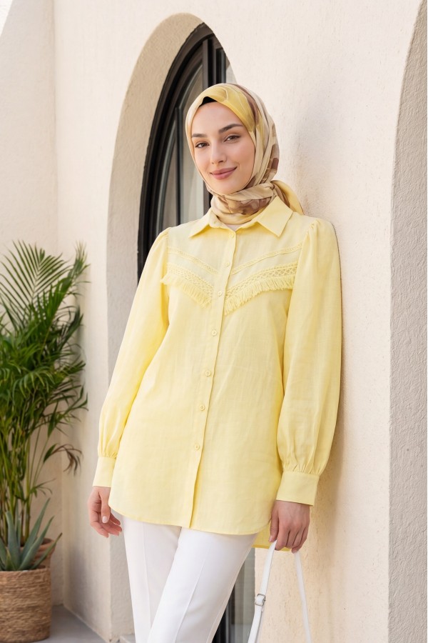 Raw Linen Balloon Sleeve Shirt with Guipure Tassels      -Light yellow