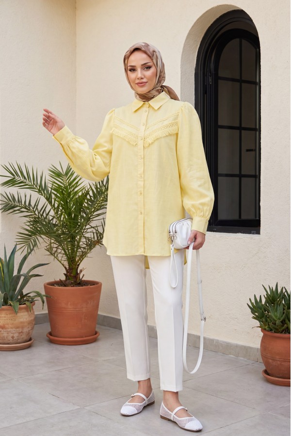 Raw Linen Balloon Sleeve Shirt with Guipure Tassels      -Light yellow