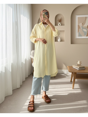 Oval Kesim Karaş Uzun Salaş Tunik -Açık Sarı