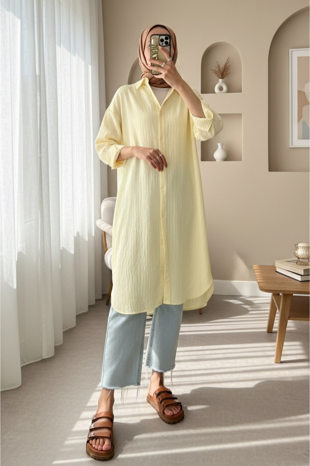 Oval Cut Karaş Long Loose Tunic -Light yellow