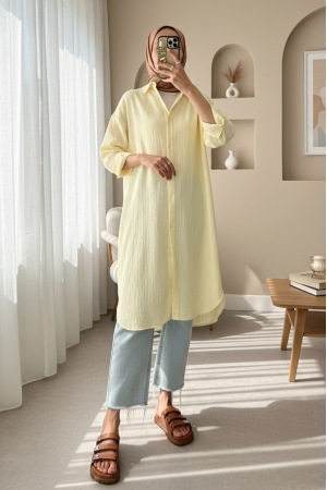 Oval Kesim Karaş Uzun Salaş Tunik -Açık Sarı