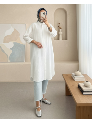 Oval Kesim Karaş Uzun Salaş Tunik -Beyaz