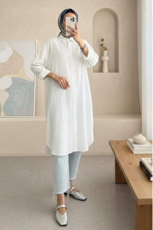 Oval Kesim Karaş Uzun Salaş Tunik -Beyaz