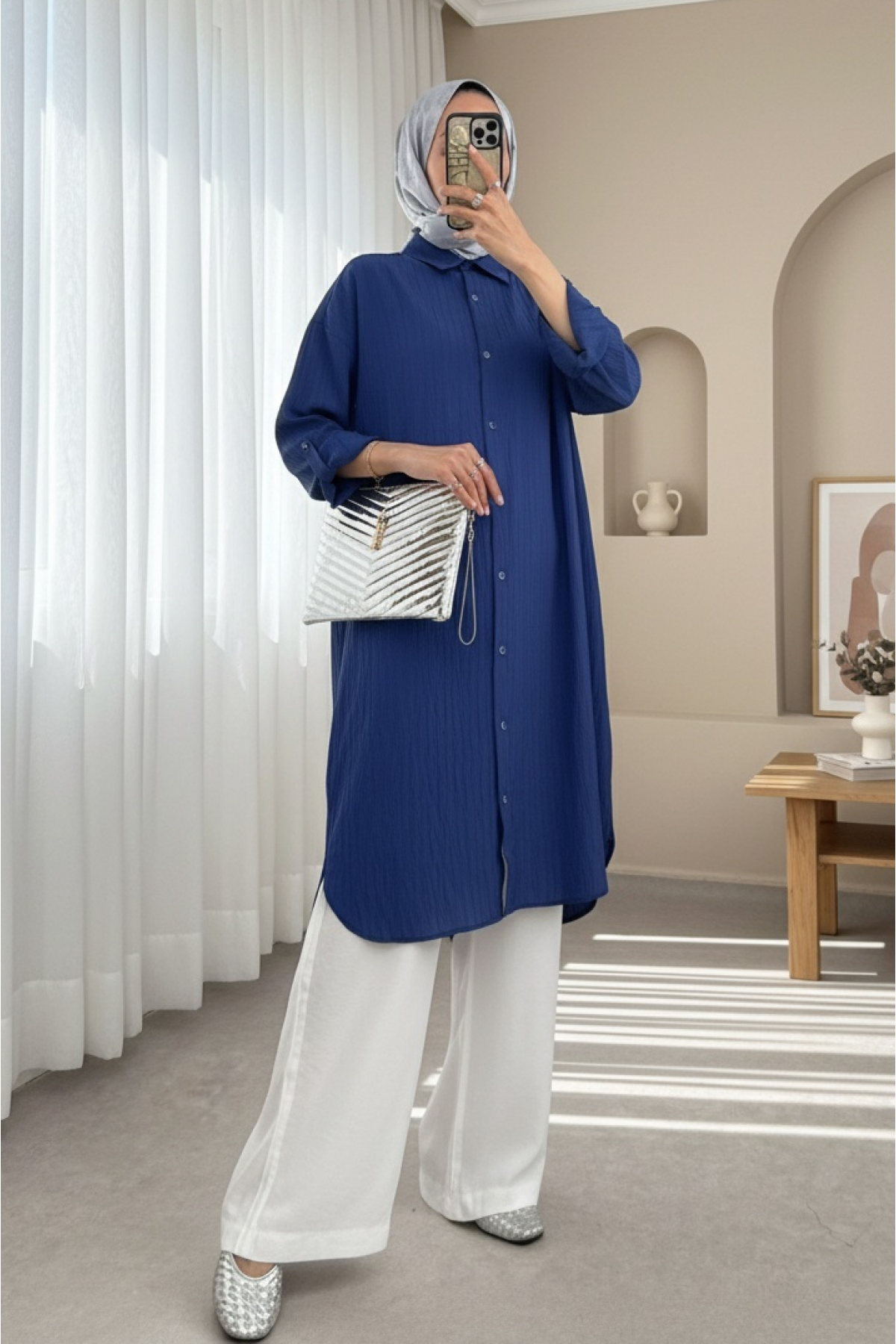 Oval Kesim Karaş Uzun Salaş Tunik -İndigo