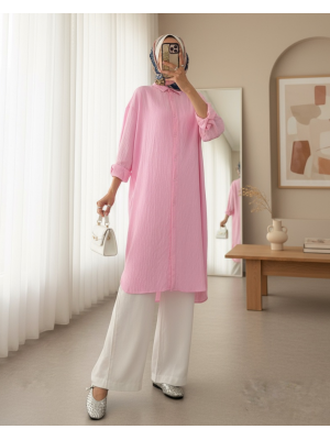 Oval Kesim Karaş Uzun Salaş Tunik -Pembe