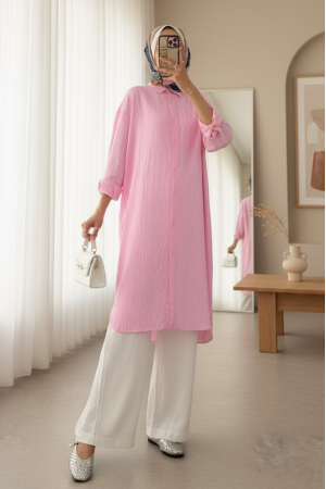 Oval Kesim Karaş Uzun Salaş Tunik -Pembe