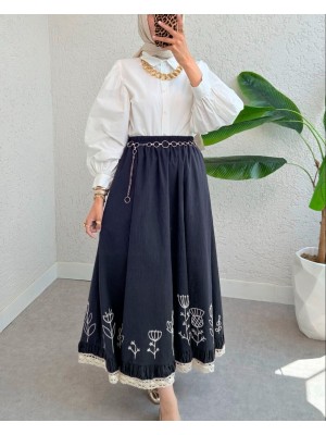 Dantel İşlemeli Beli Lastikli Etek  -Laci