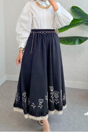 Dantel İşlemeli Beli Lastikli Etek  -Laci