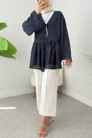 كيمونو مودال مزدوج الدانتيل ومبطن -كحلي