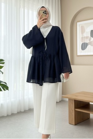 كيمونو مودال مزدوج الدانتيل ومبطن -كحلي