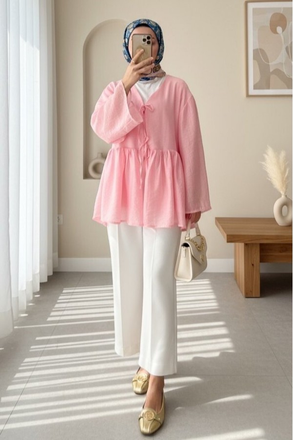 Çift Bağlamalı İçi Astarlı Modal Kimono -Pembe