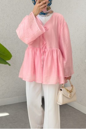 Çift Bağlamalı İçi Astarlı Modal Kimono -Pembe