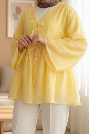 كيمونو مودال مزدوج الدانتيل ومبطن -أصفر