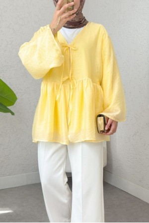 كيمونو مودال مزدوج الدانتيل ومبطن -أصفر