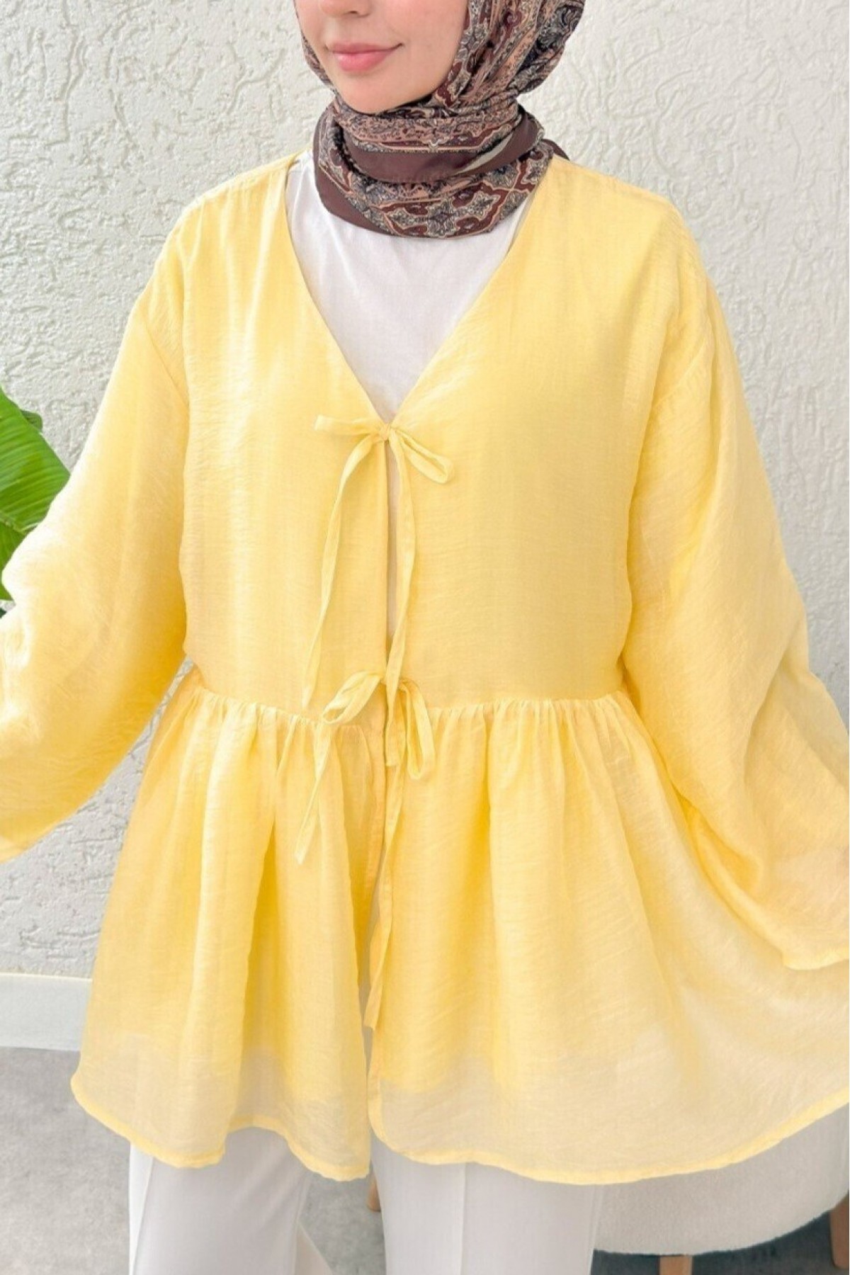 Çift Bağlamalı İçi Astarlı Modal Kimono -Sarı