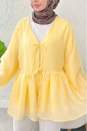 كيمونو مودال مزدوج الدانتيل ومبطن -أصفر