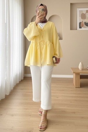 كيمونو مودال مزدوج الدانتيل ومبطن -أصفر