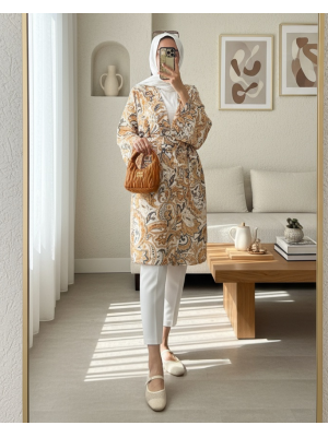 Ethnic Pattern Modal Kimono with Tied Waist - Beige