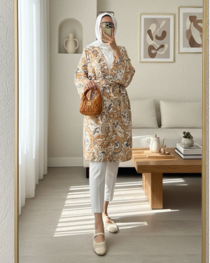 Beli Bağlamalı Etnik Desen Modal Kimono -Bej