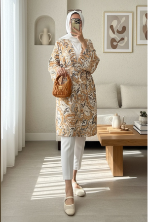 Beli Bağlamalı Etnik Desen Modal Kimono -Bej