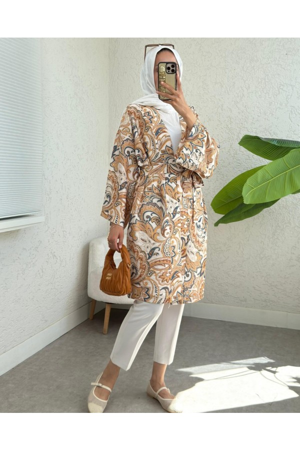 Beli Bağlamalı Etnik Desen Modal Kimono -Bej