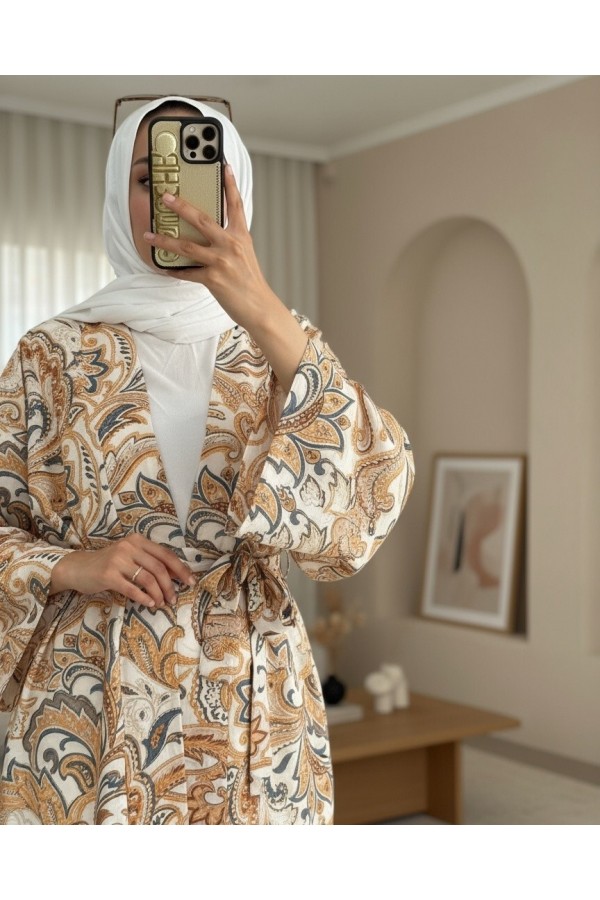Beli Bağlamalı Etnik Desen Modal Kimono -Bej
