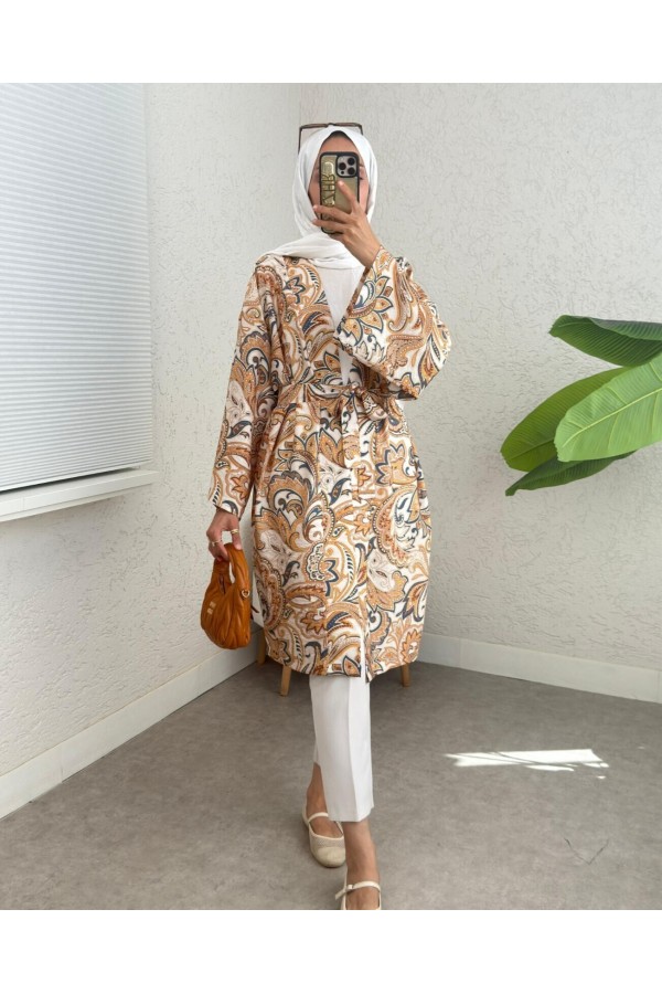Beli Bağlamalı Etnik Desen Modal Kimono -Bej