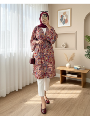 Ethnic Pattern Modal Kimono with Tied Waist -Pink