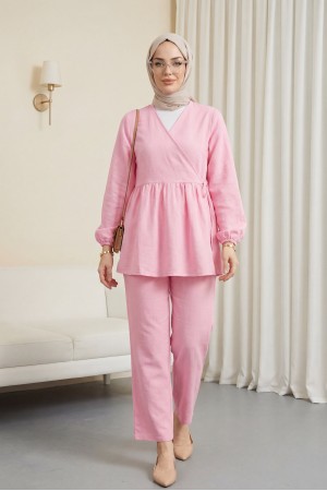 Kolu Lastikli İp Bağcıklı Müslin Takım  -Pudra