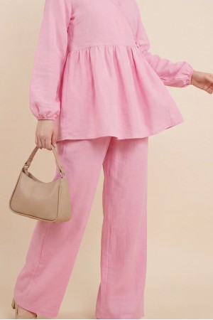 Kolu Lastikli İp Bağcıklı Müslin Takım  -Pudra