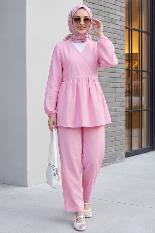 Elasticated Sleeves and Rope Tie Muslin Set  -Powder