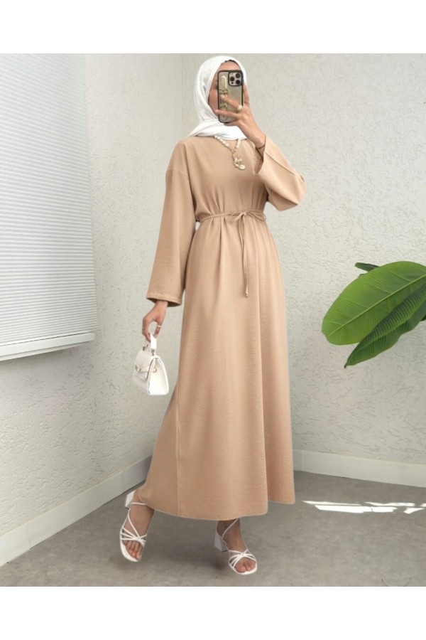 Linen Dress with Tied Waist and Back Zipper - Beige