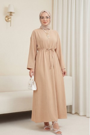 Beli Bağlamalı Arkası Fermuarlı Keten Elbise -Bej