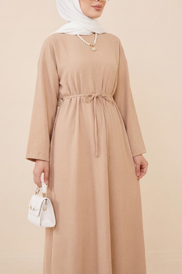 Linen Dress with Tied Waist and Back Zipper - Beige