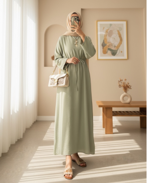 Linen Dress with Tied Waist and Back Zipper -Cagla Green