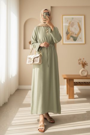 Beli Bağlamalı Arkası Fermuarlı Keten Elbise -Çağla Y.