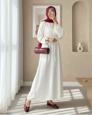 Linen Dress with Tied Waist and Back Zipper -Ecru