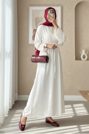 Beli Bağlamalı Arkası Fermuarlı Keten Elbise -Ekru