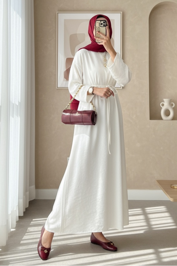 Linen Dress with Tied Waist and Back Zipper -Ecru